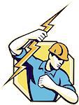 Illustration of an electrician construction worker holding a lightning bolt set inside hexagon done in retro style in isolated white background.