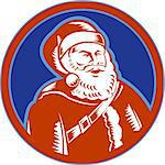 Retro style illustration of santa claus saint nicholas father christmas woodcut style set inside circle on isolated white background.