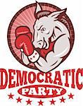 Illustration of a democrat donkey mascot of the democratic grand old party gop boxer boxing with gloves set inside circle done in retro style.