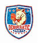Illustration of a democrat donkey mascot of the democratic grand old party gop boxer boxing with gloves set inside shield done in retro style.