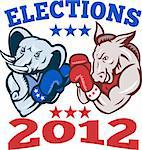 Illustration of a democrat donkey mascot of the democratic grand old party gop and republican elephant boxer boxing with gloves set inside circle done in retro style with words elections 2012