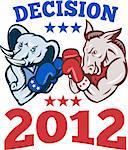 Illustration of a democrat donkey mascot of the democratic grand old party gop and republican elephant boxer boxing with gloves set inside circle done in retro style with words decision 2012