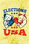Illustration of a democrat donkey mascot of the democratic grand old party gop and republican elephant boxer boxing with gloves set inside circle done in retro style with words elections usa