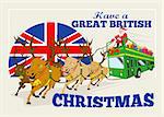 Retro style illustration of a greeting card poster showing santa claus saint nicholas father christmas on double decker bus with reindeer and union jack flag with words "have a great british christmas".
