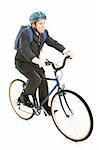 Businessman saving gas and money by riding his bicycle to work.  Full body isolated.