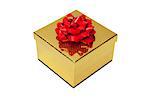 Golden gift box with red bow