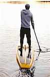 Man rowing paddle board in water, rear view