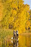 Two people rowing paddle boards in autumn trees