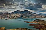 Twin peaks, Tagus Algarin and the Sima de las Grajas. by the reservoir Zahara-El Gastor, near Zahara de la Sierra, Andalucia, Spain, Europe