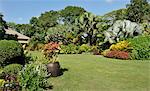 Un jardin tropical avec des bordures colorées autour d'une grande pelouse, Philippines, Asie du sud-est, Asie