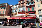 Facade of restaurants along waterfront, Villefranche, Alpes-Maritimes, Provence-Alpes-Cote d'Azur, French Riviera, France, Europe