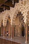 Marble columns and typical polylobe arches inside the Aljaferia palace dating from the 11th century, Saragossa (Zaragoza), Aragon, Spain, Europe