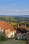 Gold Hill, and view over Blackmore Vale, Shaftesbury, Dorset, England, United Kingdom, Europe