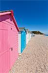 Multicoloured beach huts at Seaton, a small seaside town on the Devon Heritage Coast, Jurassic Coast, UNESCO World Heritage Site, Devon, England, United Kingdom, Europe