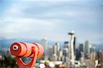 Teleskop-mit Blick auf die Skyline von Seattle in Distanz, Kerry Park, Seattle, Washington State, Vereinigten Staaten von Amerika, Nordamerika