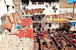 Chouwara traditional leather tannery in Old Fez, vats for tanning and dyeing leather hides and skins, Fez, Morocco, North Africa, Africa