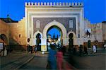 Blue tiled archway of the Bab Bou Jeloud city gate to medina, Fez, Middle Atlas, Morocco, Africa