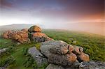 Sunset and misty conditions on the moorland near Haytor, Dartmoor National Park, Devon, England, United Kingdom, Europe