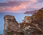 Point de l'avant-pays de la vallée de roches au coucher du soleil, Exmoor, Devon, Angleterre, Royaume-Uni, Europe