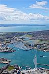 Aerial view of the Spinnaker Tower and Gunwharf Quays, Portsmouth, looking towards the Solent and Isle of Wight, Hampshire, England, United Kingdom, Europe