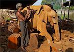 Sri Lankan wood carver making wooden statue of asian elephant, The Factory, Polonnaruwa, Sri Lanka, Asia