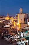 View over market square at dusk, Place Jemaa El Fna, Marrakesh, Morocco, North Africa, Africa