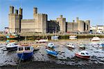 Marée basse sur le Seiont River au château de Caernarfon, patrimoine mondial de l'UNESCO, Caernarfon, Gwynedd, North Wales, pays de Galles, Royaume-Uni, Europe