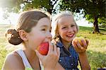 Laughing girls eating apples outdoors