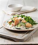 Plate of poached salmon with salad