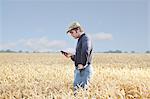 Agriculteur à l'aide du téléphone cellulaire dans le domaine de la culture