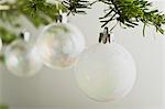 Christmas baubles hanging from Christmas tree