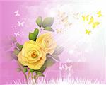 Background with yellow roses and butterflies