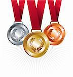Sport gold, silver and bronze positions with red ribbon set background. Vector file layered for easy manipulation and customisation.