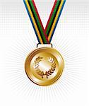 Sport gold medal with ribbon elements set background. Vector file layered for easy manipulation and customisation.
