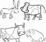 cartoon illustration of four cute farm animals set for coloring book