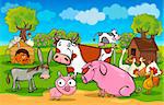 cartoon illustration of rural scene with cute farm animals group