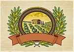 Olive harvest label in woodcut style. Vector illustration.