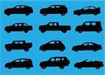 Various city cars silhouettes isolated on blue background.