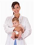 female doctor holding a baby on white isolated background