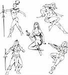 Armed Amazon Girls. Set of black and white vector illustrations.