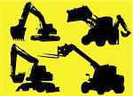 Construction machinery silhouettes isolated on yellow background