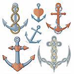 Set of six anchor icons isolated on white background.