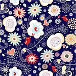 Seamless floral pattern with birds on a dark blue background