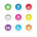 Medical icons in color circles on white background.