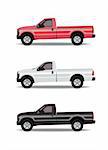Pick-up trucks in three colors - red, white and black