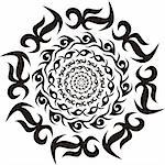 Round tribal decorative pattern. Black and white vector illustration.