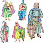 Medieval crusader knights. Set of color vector illustrations.