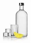 Bottle of vodka and lemon isolated on a white background