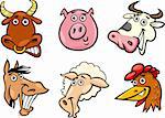 Cartoon Illustration of Different Funny Farm Animals Heads Set: Bull, Pig, Cow, Horse, Sheep and Hen