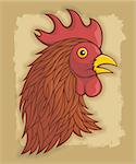 Red rooster's head illustration on beige grunge background.